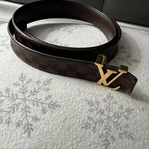 Louis Vuitton Brown Checkered Belt with Gold Logo Buckle
